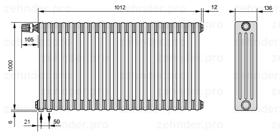 Схема (чертеж) Радиатор Zehnder Charleston 4100/22 №V001 Белый глянцевый RAL 9016